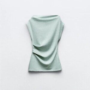 ZARA GREEN ASYMMETRIC RIBBED TOP
